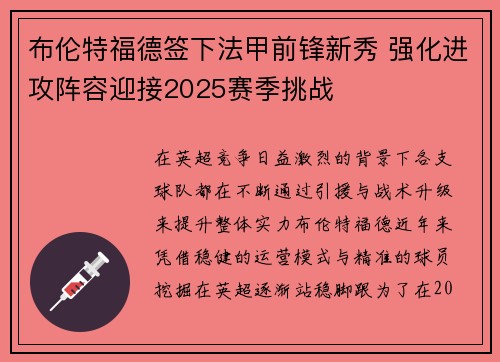 布伦特福德签下法甲前锋新秀 强化进攻阵容迎接2025赛季挑战